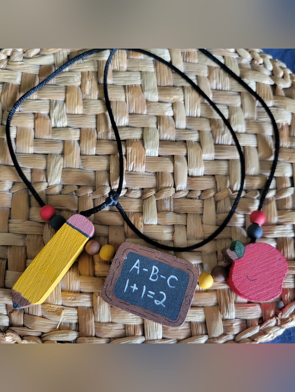 Vintage Back To School Wooden Necklace 1990s